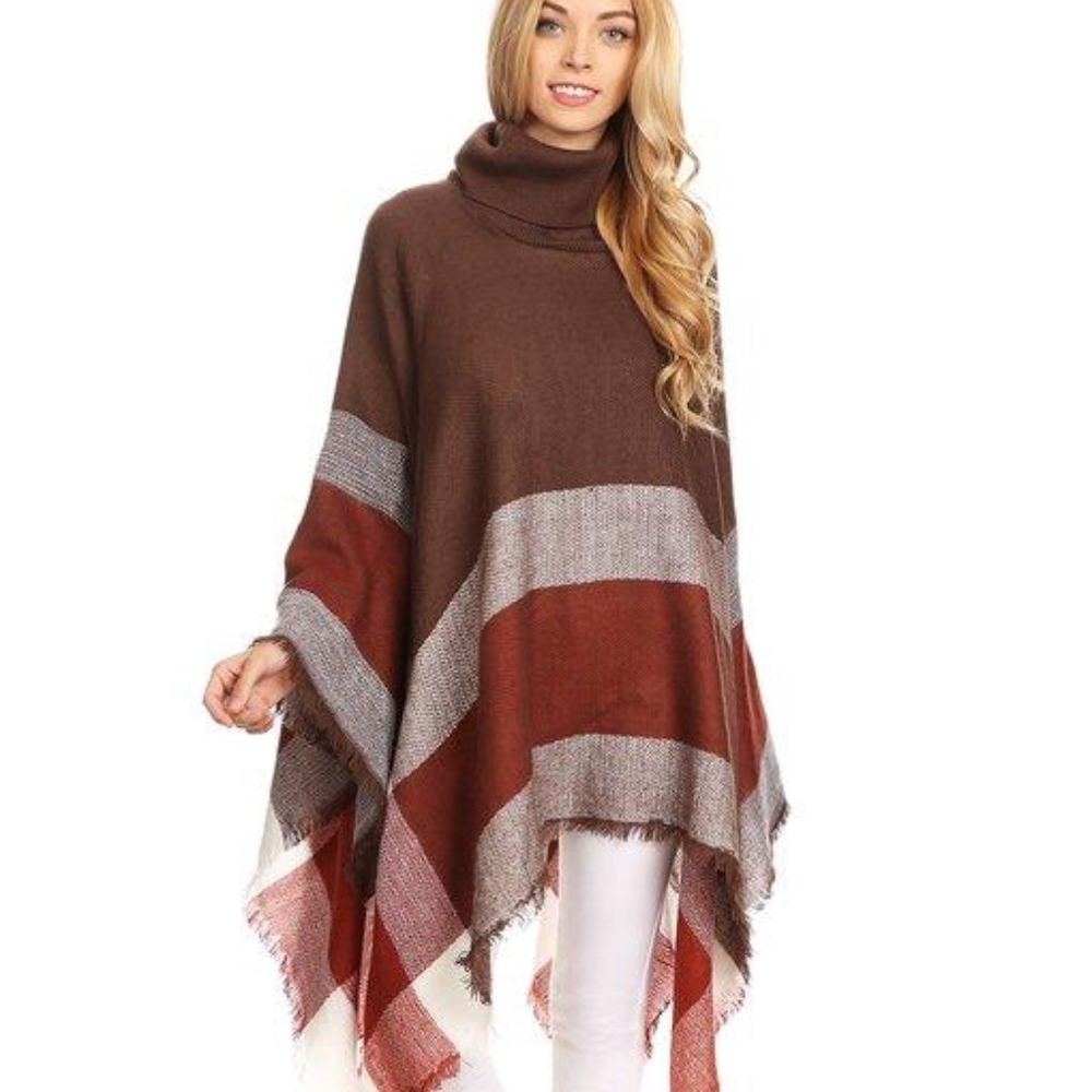 Plaid Poncho -Red and Brown
